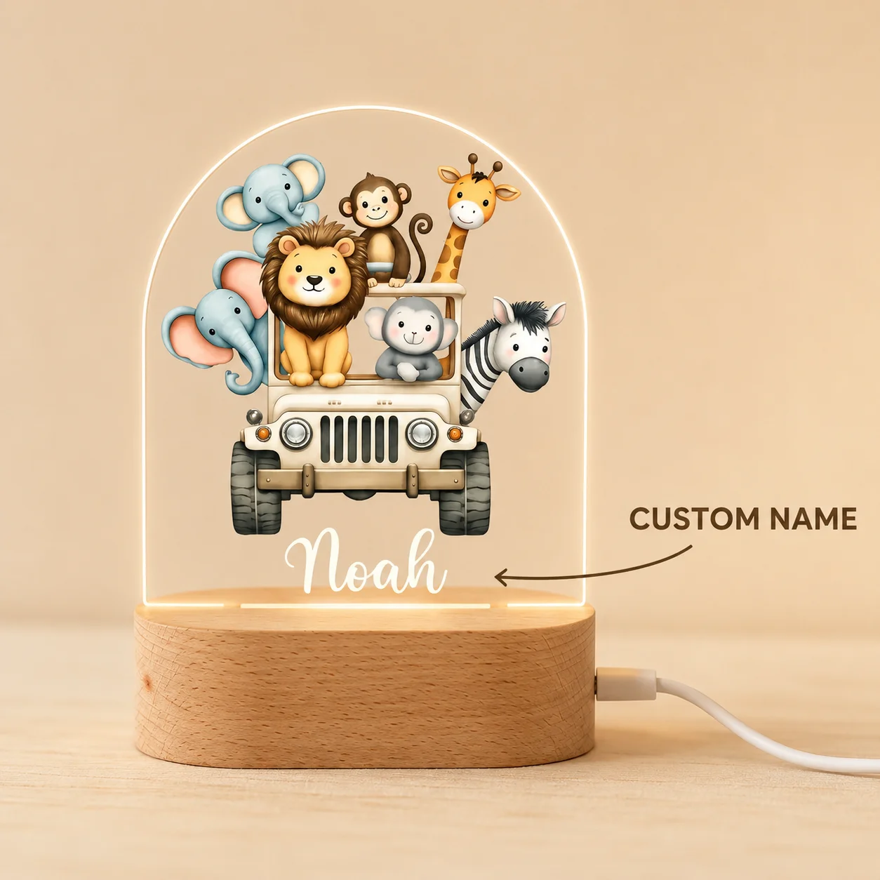 Personalized Baby Night Light Custom Name Animal Moon Star Acrylic Lamp USB Wooden Base Nursery Bedroom Newborn Birthday Gift