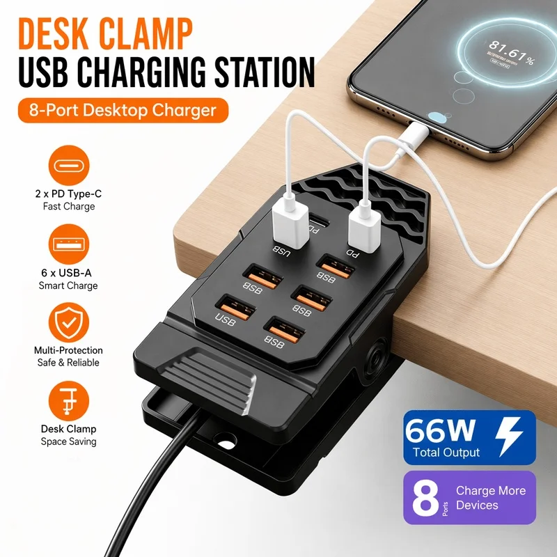 8-Port Clip USB Charging Hub 6 USB-A + 2 PD Type-C Fast Ports Multi-Outlet Adapter Home Office Camping Use for Phones Tablets