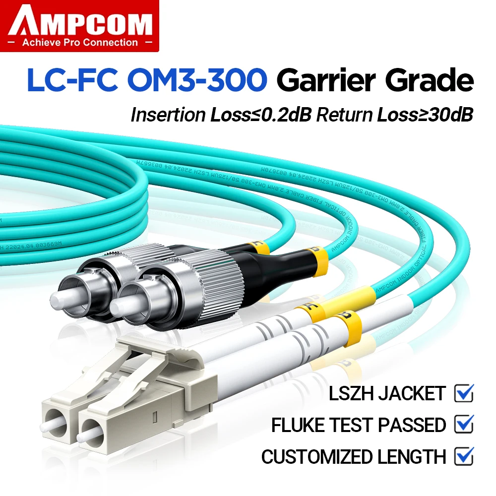 AMPCOM LC to FC UPC OM3 Fiber Optic Patch Cable Multi Mode Duplex, 50/125μm, OD 2.0mm, LSZH OFNR, 1-100 Meters