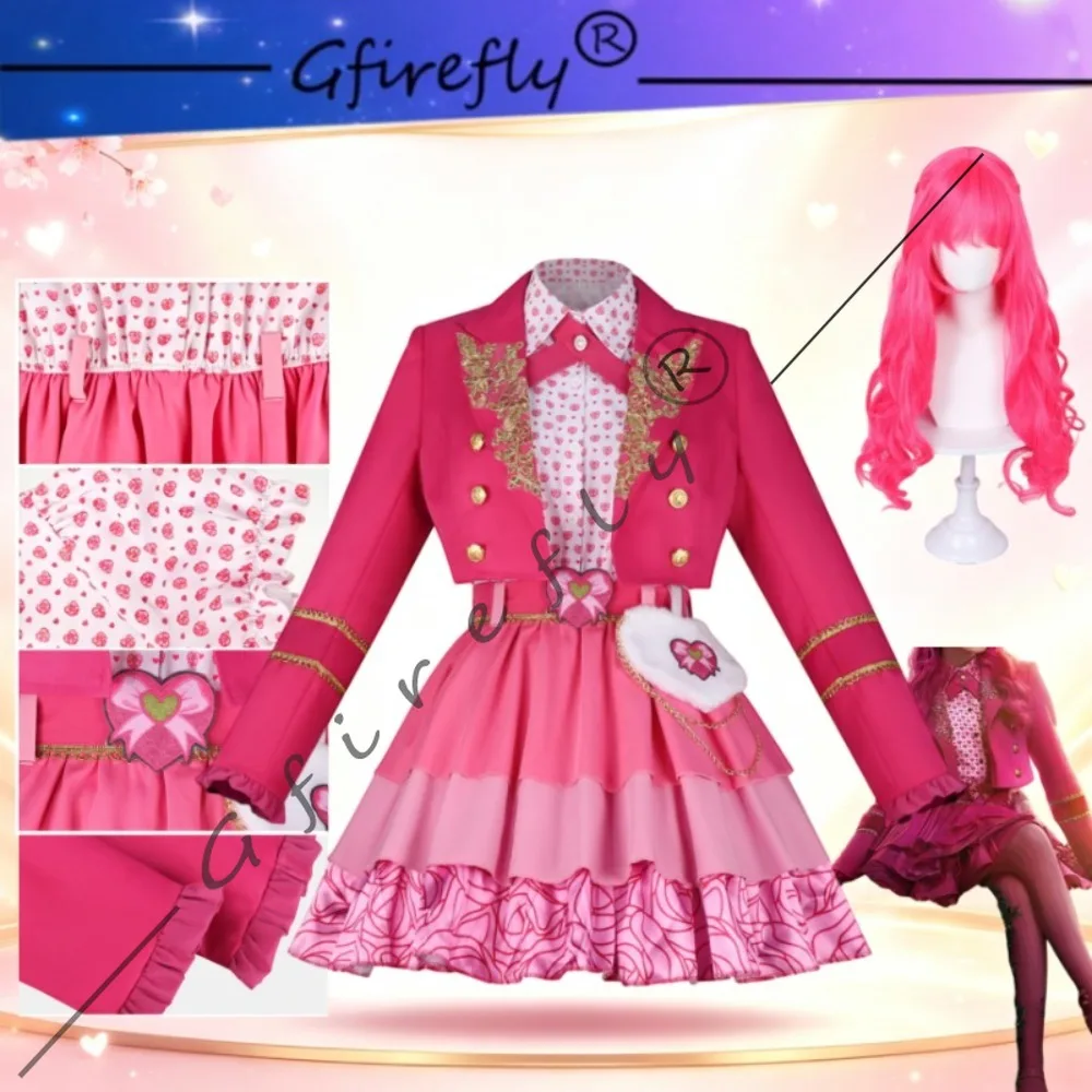 Descendants Princess Pink Cosplay Costume Pink Skirt Outfit Matching Accessories Wig Role‑Play Suit for Halloween Party Stage