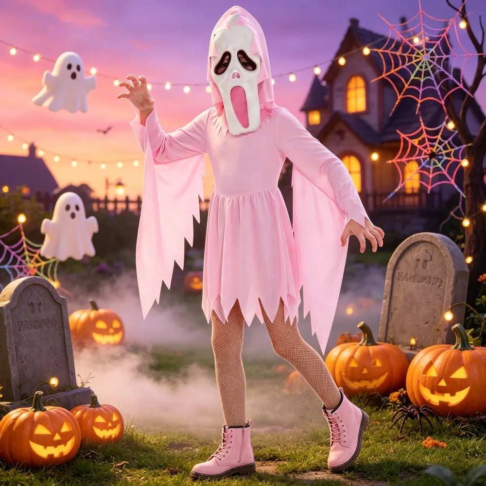 Halloween Ghost Face Cosplay Costume Theatrical Stage Performance Outfit Spooky Dress Up Wear for Halloween Parties Cosplay
