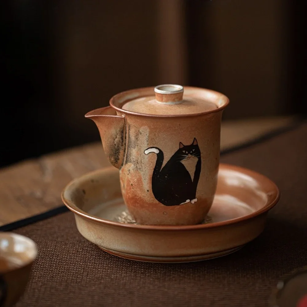 180ml Japanese Wood-fired Porcelain Hand Grasping Pot Kiln Change Zhiye Cat Treasure Bottle Pot Painted Silve Maker Tea Kettle