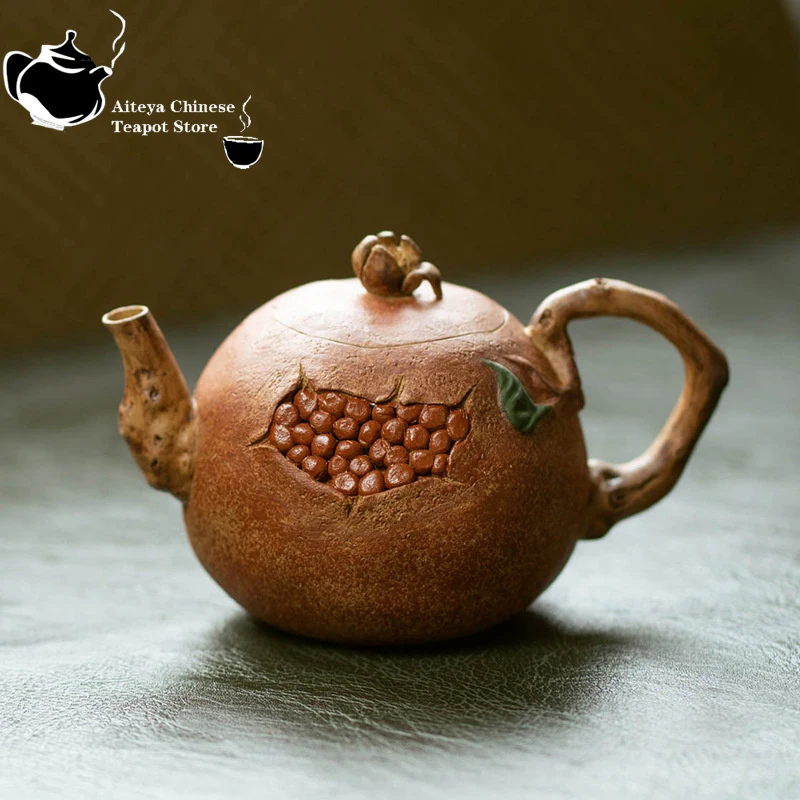 Yixing handmade purple clay teapot, sloping mud biomimetic pomegranate teapot, thin body kung fu tea set, Chinese teapot 180ml