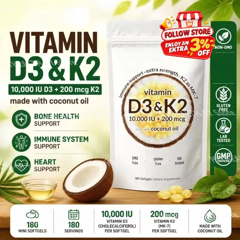 Vitamin D3 K2 Softgels with MK-7 and Coconut Oil 10,000 IU + 200 Mcg Adult Bone and Immune Wellness Support 180 Mini Softgels