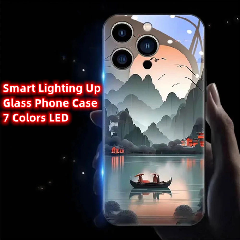 Ancient Landscape Pattern Smart LED Light Glow Glass Phone Case For iPhone Air 17 16 E 15 14 13 12 11 Pro Max Plus XS XR SE Mini