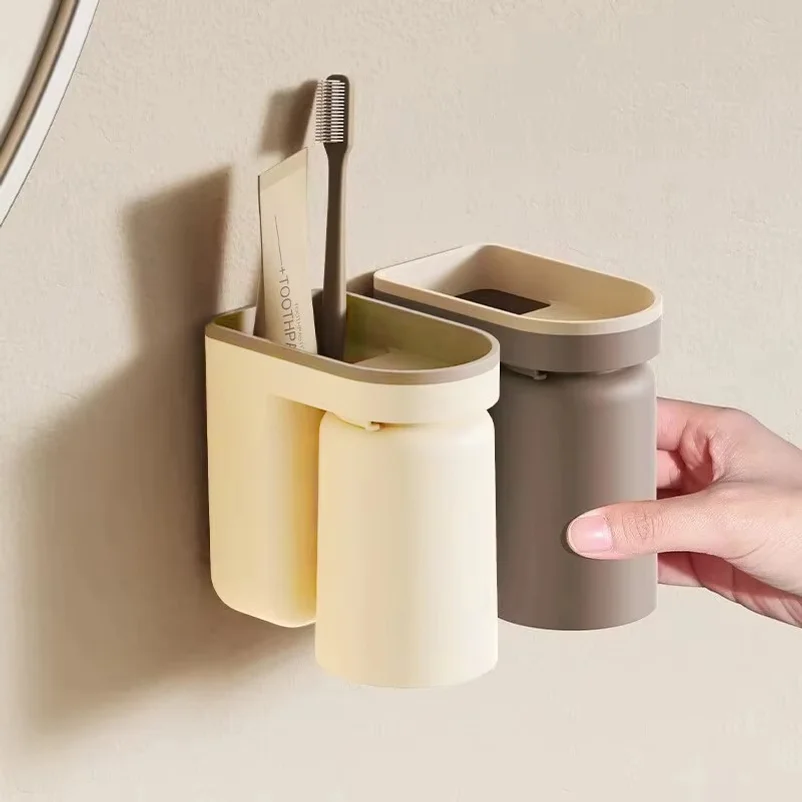 1 Pc Innovative Toothbrush Storage Rack No Hole Light Luxury Mouthwash Cup Brush Cup Wall Mounted Bathroom Organizer Couple
