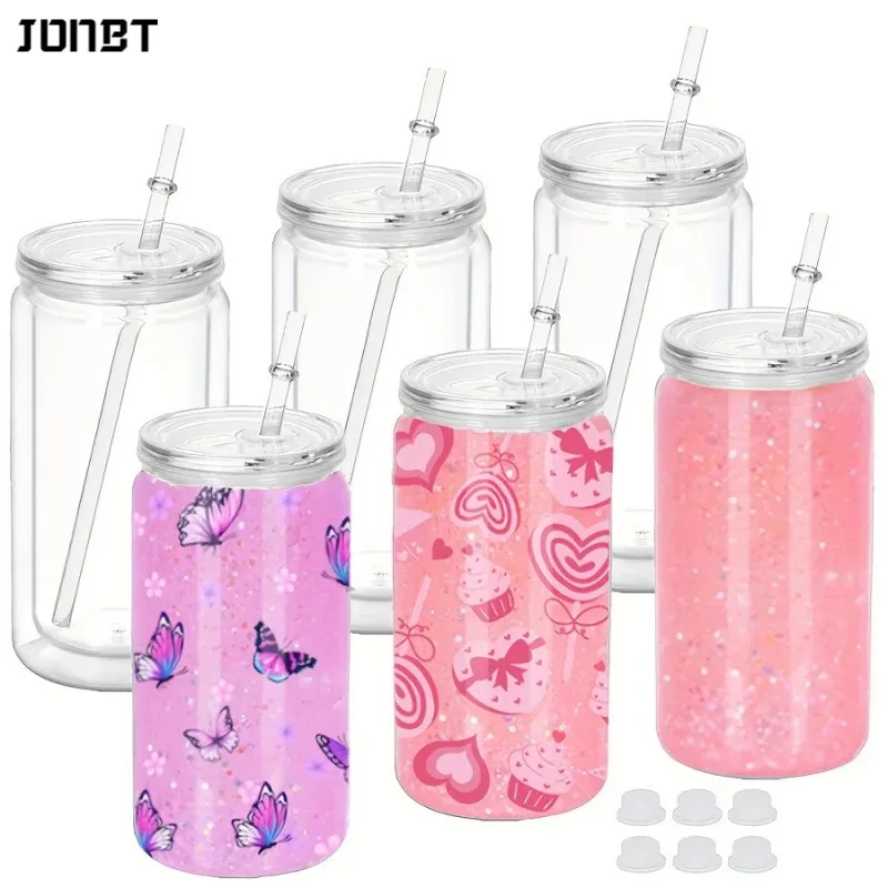 6PCS 16oz Double Wall Insulated Plastic Water Bottles with Straws Lids DIY Snowball Cup with Pre Drilled Hole Reusable Drinkware