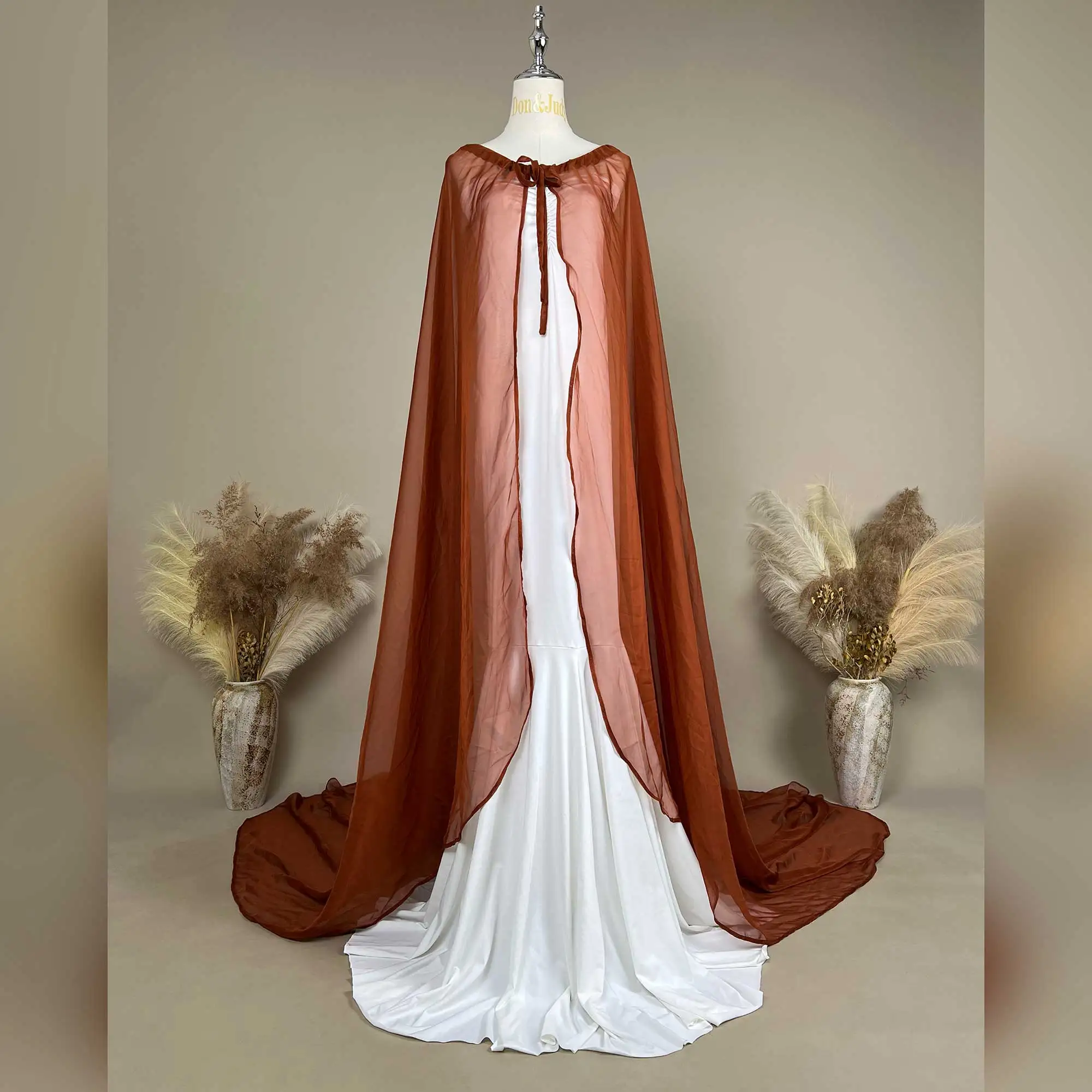 Don&Judy White Satin Maxi Evening Dress with Rust Brown Chiffon Cape for Maternity Non-Maternity Photo Prop Photoshoot Session