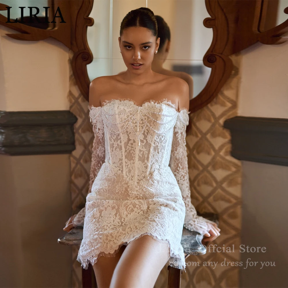 LIRIA Customized White Off the Shoulder Wedding Dresses Pearls Lace Long Sleeve Backless Bridal Gowns Flower Mini Wedding Gowns