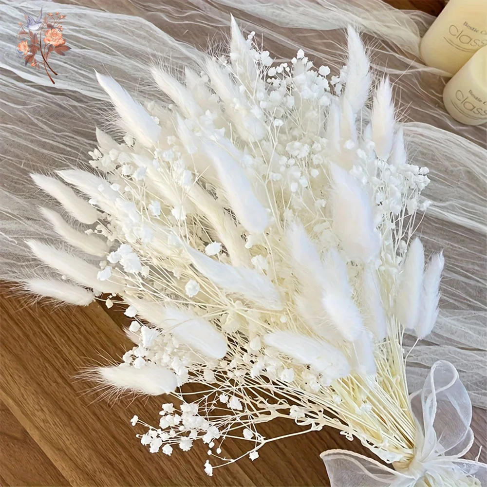 54Pcs White Dried Flower Bridal Mariage Bouquet Natural Bunny Tails Grass and Millions of Stars Bundle Girlfriend Couples Gifts