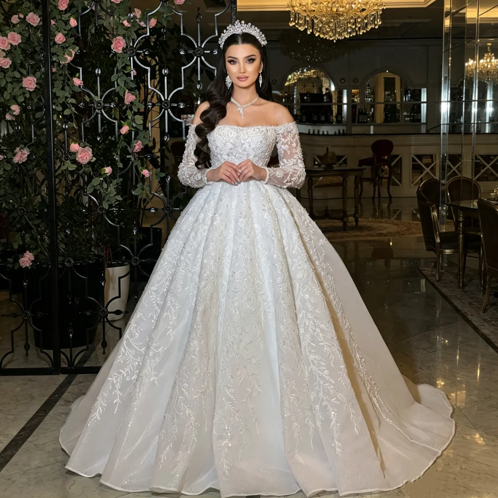 Luxury Off Shoulder Long Sleeve White Wedding Dress Lace Sparkling Princess Ball Dress Sweeping Train Bride Dress Customization