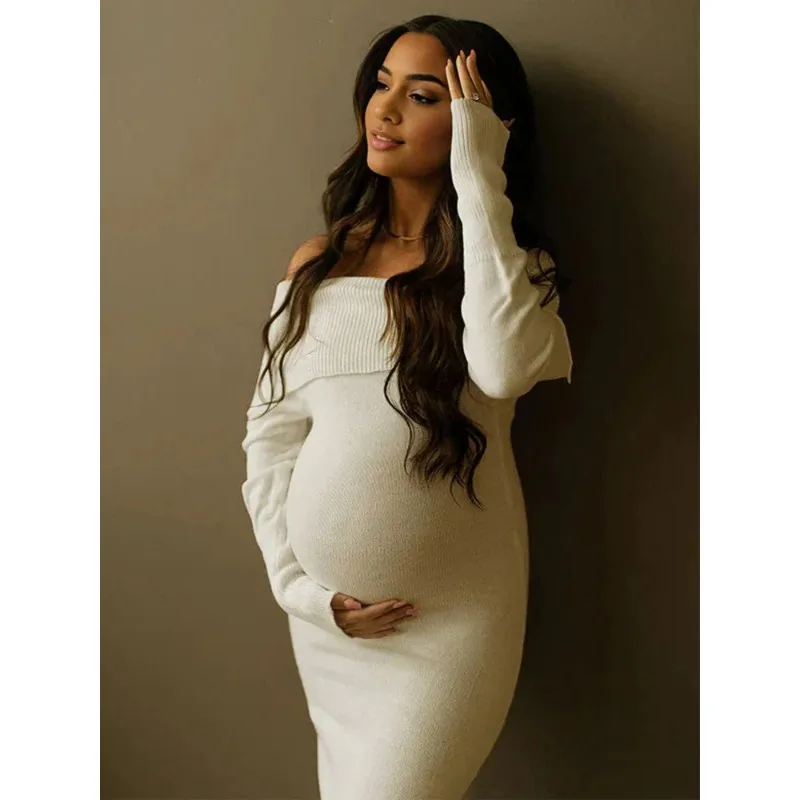 Pregnancy Photoshoot Maternity Photography Dresses Off Shoulder Knit Dress White Slim Fit Pregnancy Studio Photoshoot Outfit