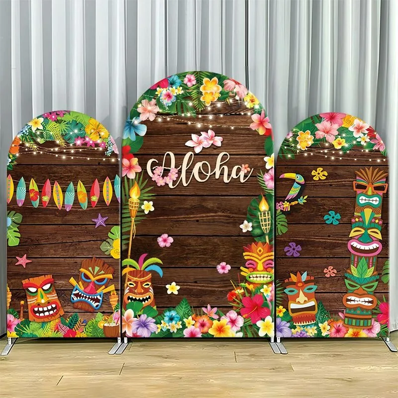 Elastic Double-layer Arch Backdrop Cover Tiki Island Tropical Party Backdrop with Aloha Wood Design Floral Garland and Colorful
