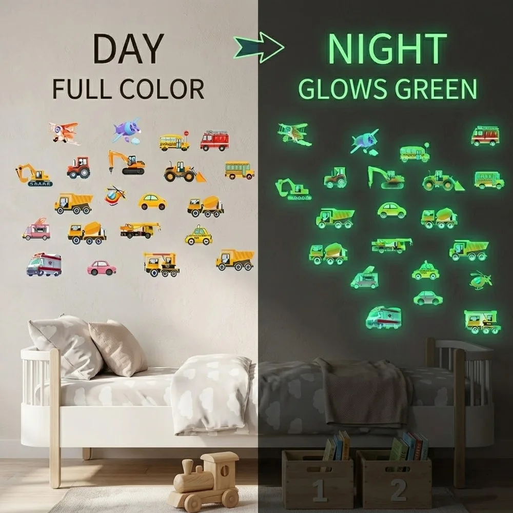Luminous Car Wall Sticker 21Pcs Set Day Night Dual Color Glow in Dark Truck Airplane Decals for Boys Bedroom Home Decoration
