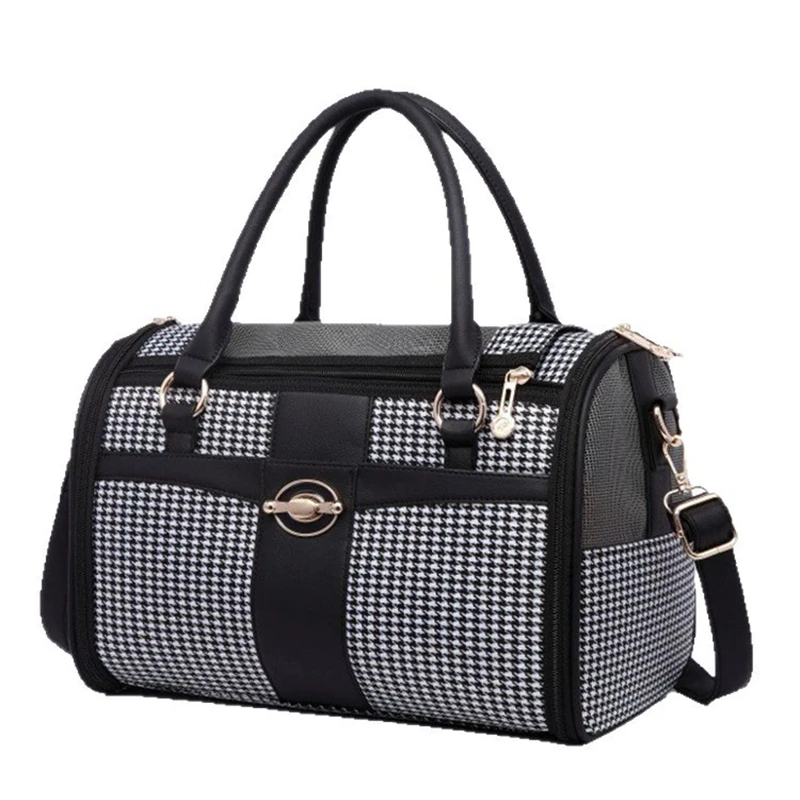 Portable Pet Carrier Bag for Cats Big Capacity Dog Breathable houndstooth PU Leather with Shoulder Straps Dog Carrier Bag