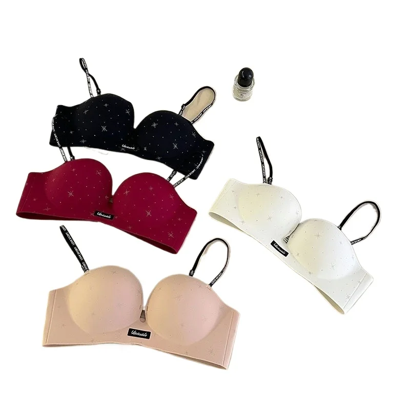 KUCLUT Letter Strap Bra No Empty Cup Apparent Gathering Small Chest Makes Big Red Underwear Breathable Comfortable Nylon
