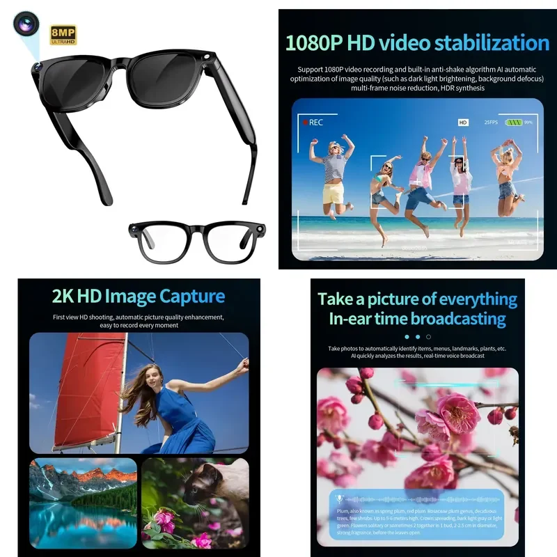 【CHIMU HOME】 CY01 Smart Glasses for 8MP Camera AI Real-Time Translation Touch Control Anti-Shake Video Recording Smart