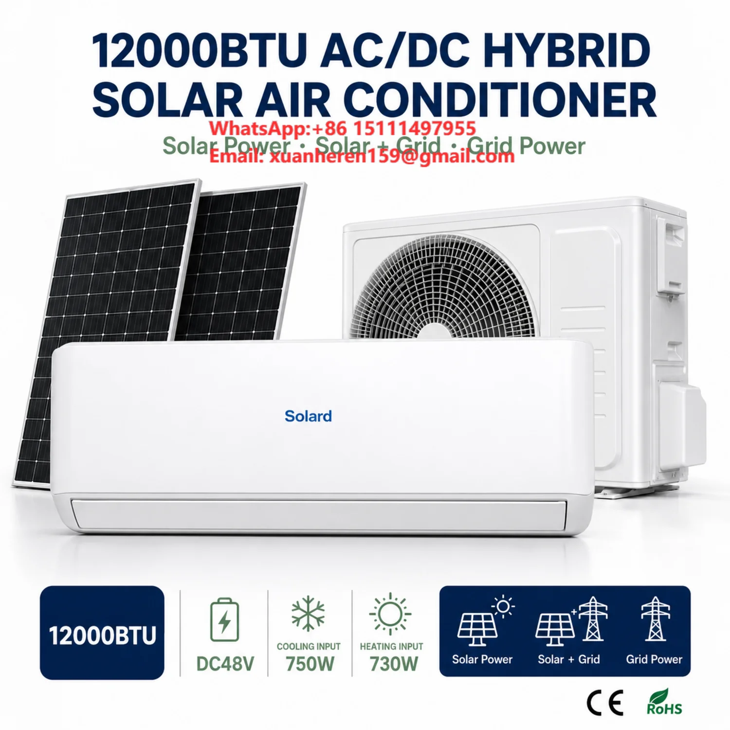 Hybrid Solar Air Conditioner 12000BTU DC Inverter Split Wall AC for Home Bedroom Living Room Cooling Heating PV Direct Drive CE