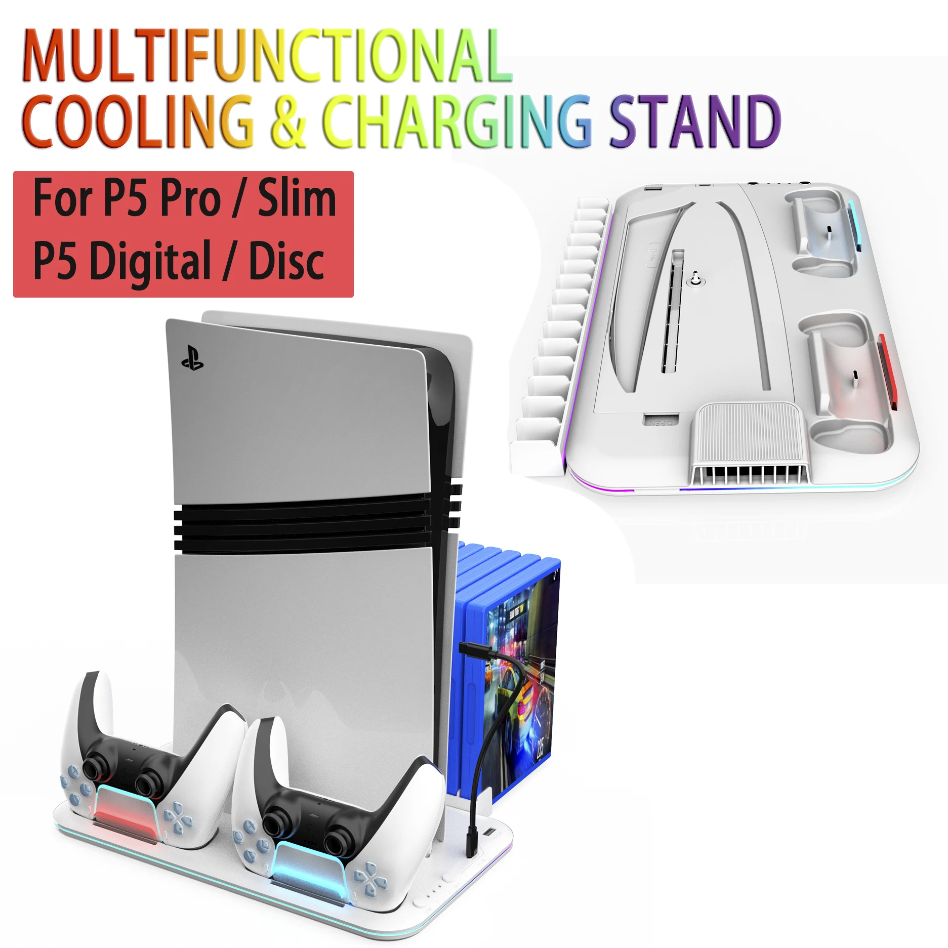 Ultra Thin RGB Cooling Stand for PS5 Pro/Slim/Digital/UHD – 3 Speed Turbo Cooler, Controller Charger & Game Disc Holder