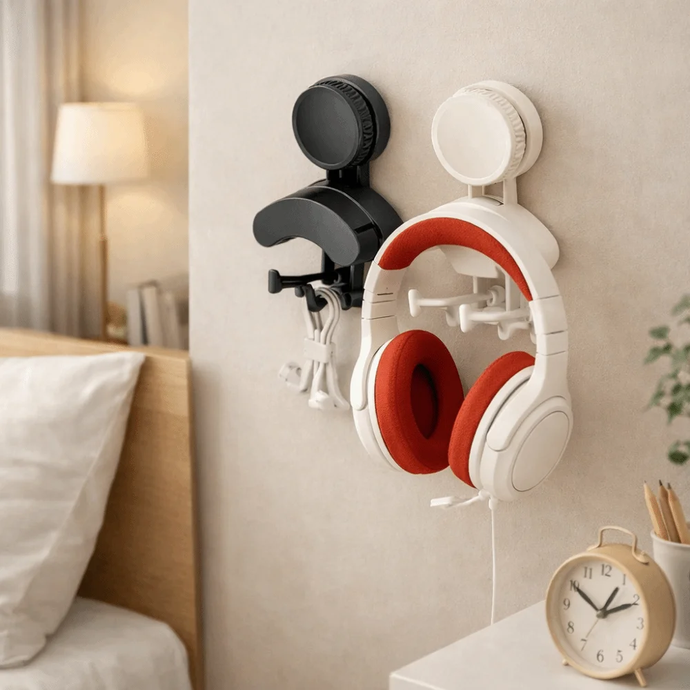 4 Piece Plastic Suction Cup Headset Hanger Non Slip Drilling Free Earphone Hook Space Saving Waterproof Controller Holder