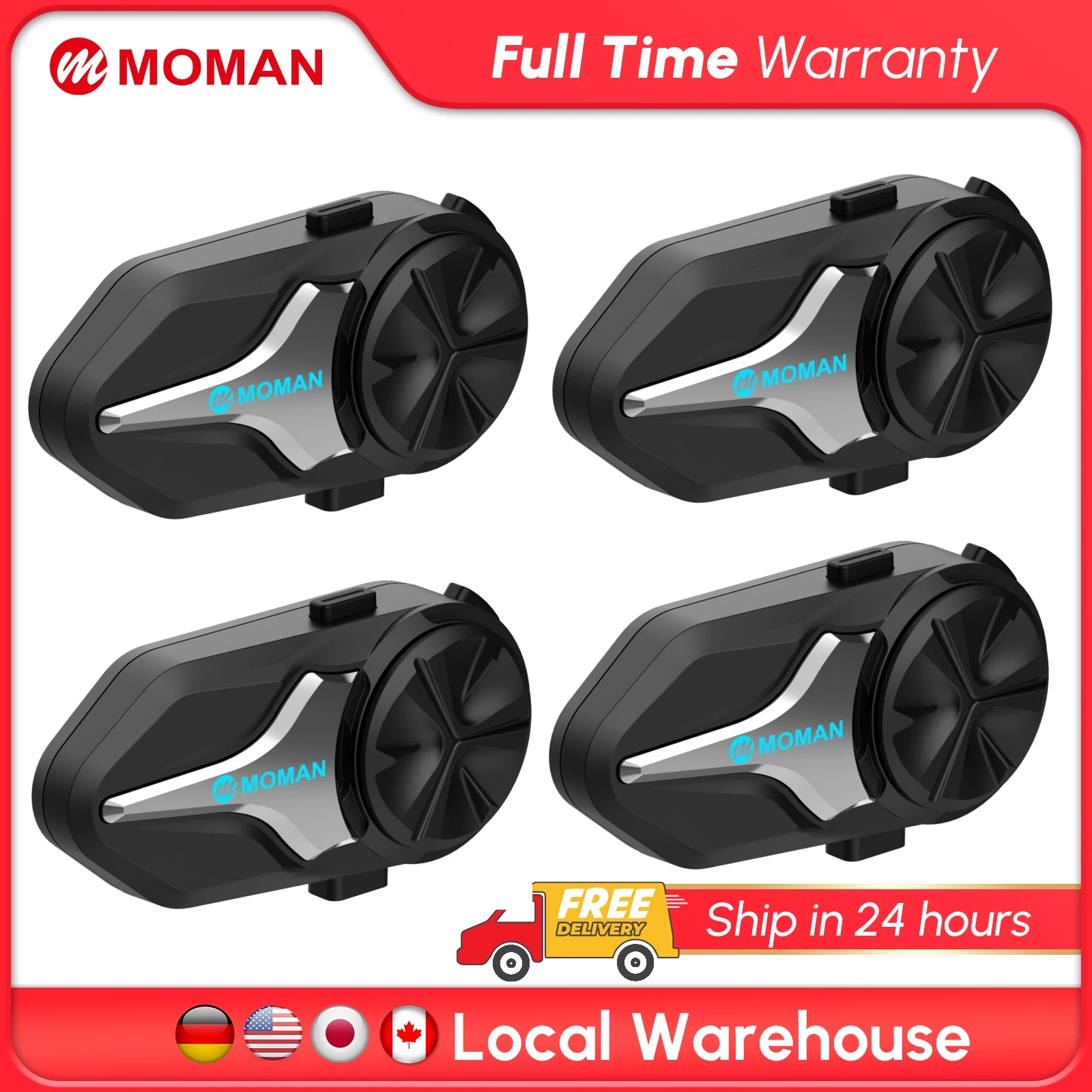 Moman Motorcycle Bluetooth Helmet Headset Intercom 1000mAh MOTO Communicator 2000m Interphone for 24 Riders IP65 Waterproof