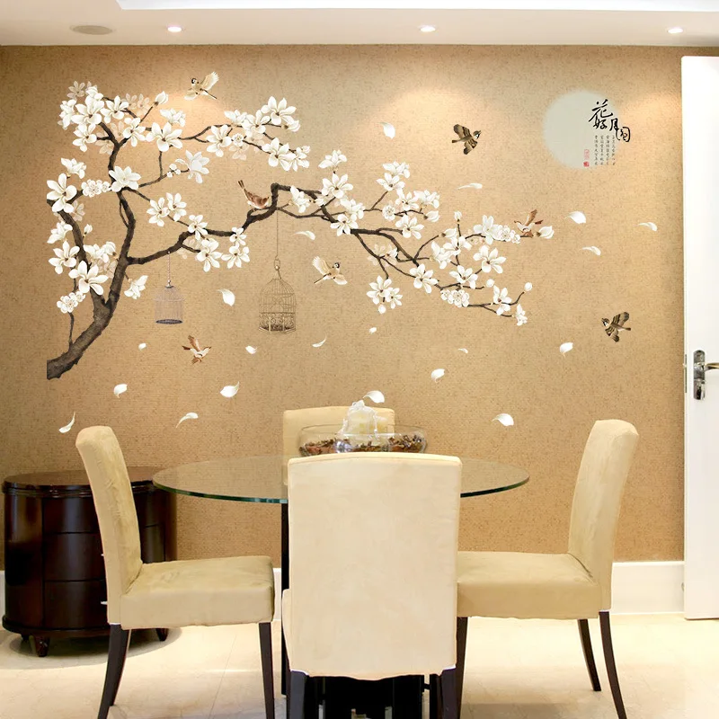 Chinese Ancient Style Flower Moon Wall Stickers For Living Room Sofa/TV Background Decoration Decals Beautiful Art Poetry Mural