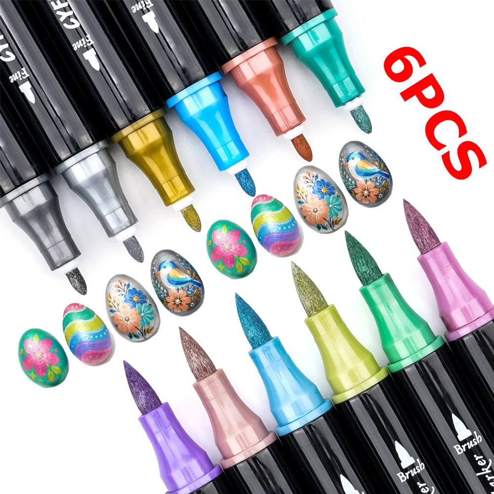 Dual-Tip Metallic Acrylic Paint Pens 6 Colors Fine & Brush Tip Markers for Rock Art Journaling Card Making Diy Painting Crafts