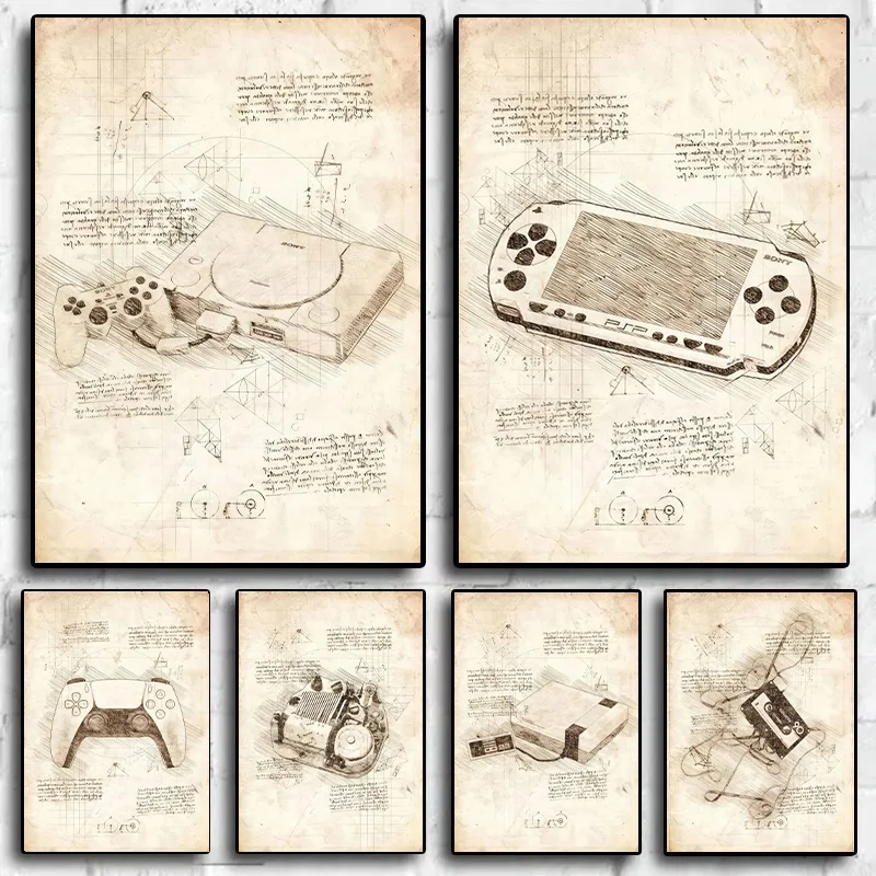 Vintage Apricot Pop Sketch Line Computer MP3 Art Poster Game Console Gamepad VR Canvas Painting Living Room Decorative Wall Art
