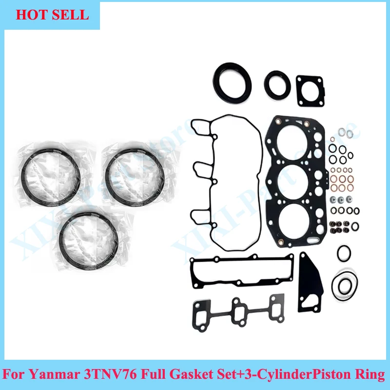 For Yanmar 3TNV76 Full Gasket Kit Set With Piston Ring 76*1.5HK+1.5+3mm Engine Cylinder Head Gasket Overhaul Rebuild Kit