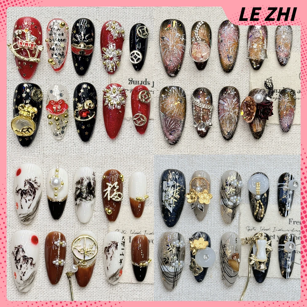 10Pcs Fashion Handmade Long Almond Coffin Wearable Press On Nails Cute Horse Cat Eyes Pearl Flower Diamond Bowknot Fake Nails