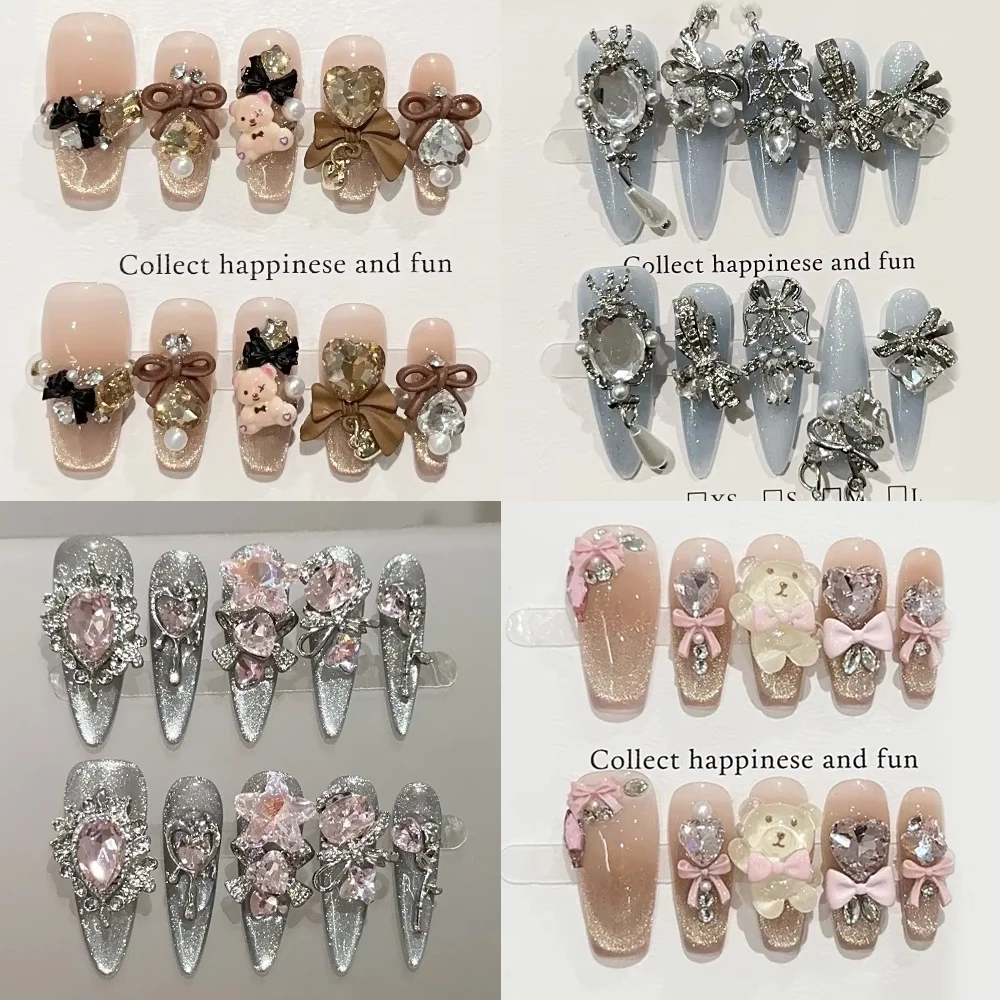 Sweet Lovely Cartoon Bear Long Coffin Stiletto Fake Nails Bowknot Pearl Diamond Flowers Cat Eyes Wearable Fake Nails