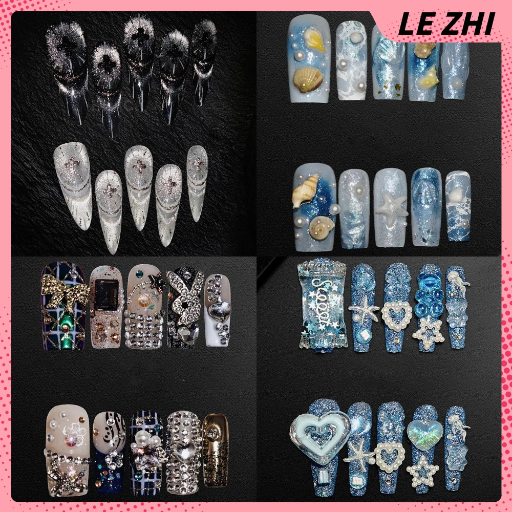 Spicy Girl Flash Cat Eyes Diamond Handmade Long Square Press On Nail Bear Rabbit Starfish Shell Pearl Bowknot Wearable Fake Nail