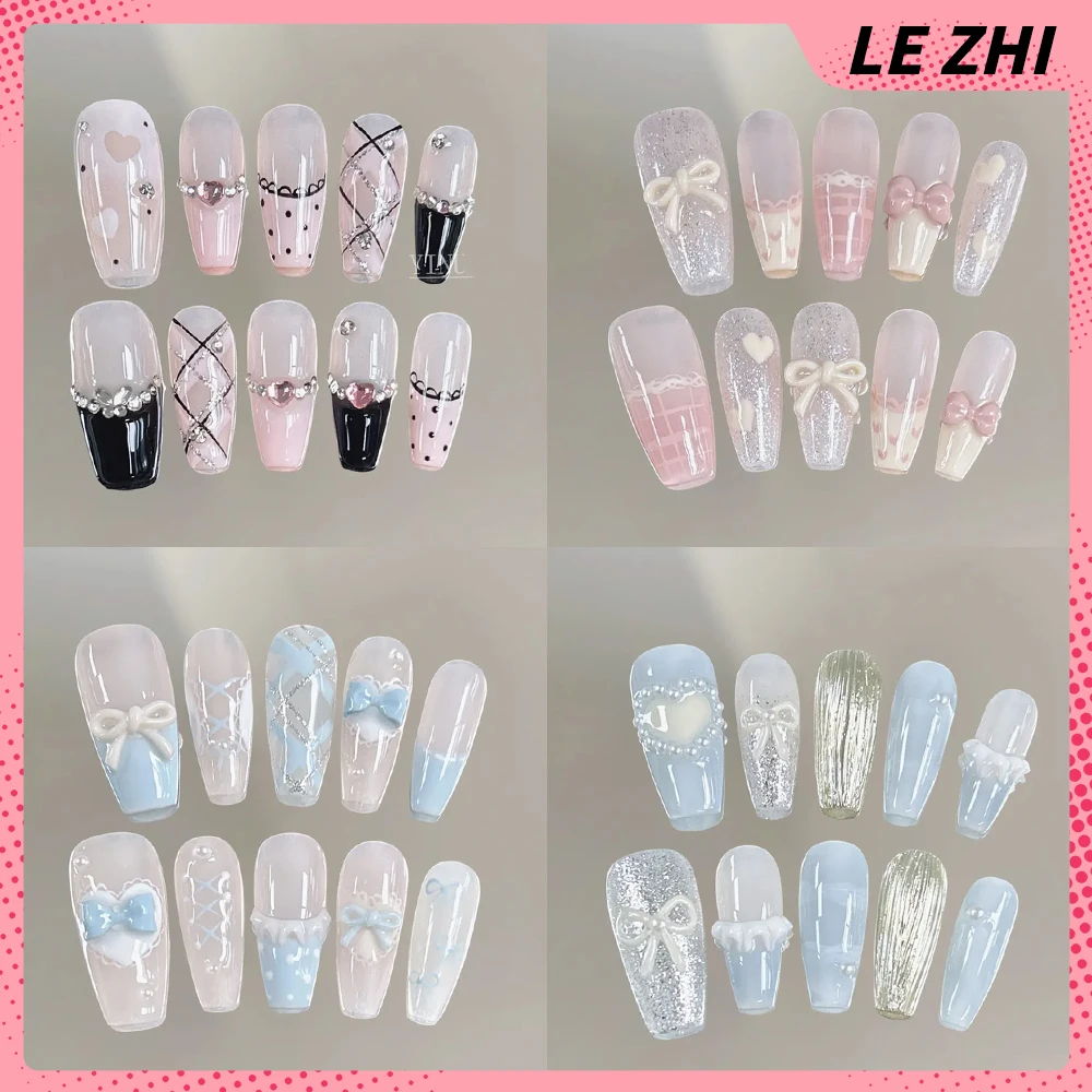 Sweet Cute Handmade Long Coffin Wearable Nail Party Sticker Colorful Cat Eyes Bowknot Pearl Diamond Flower French Press On Nails