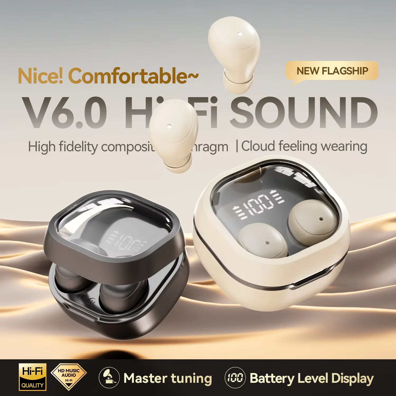 Bluetooth 6.0 Wireless In Ear Mini Sleep Invisible Headphones Long Battery Life Noise Cancelling Digital Display IPX5 Waterproof