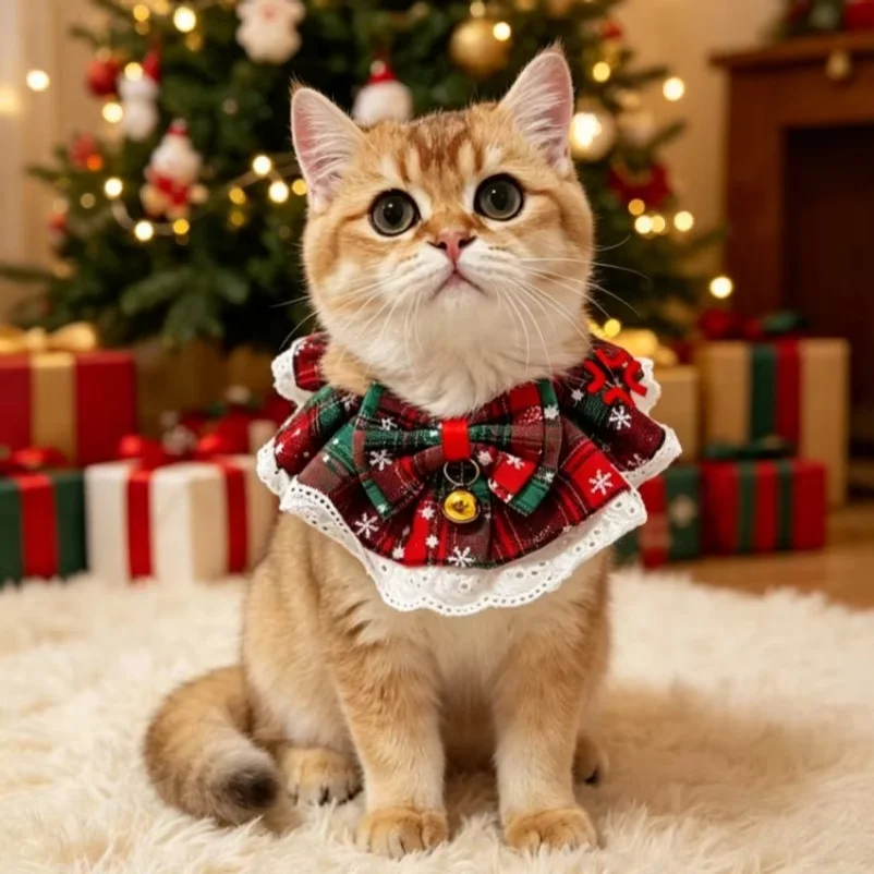 Christmas Snowflake Plaid Pet Bib Lace Edge Bowknot Bell Design Dog Cat Collar Holiday Party Pet Accessory Neck Scarf