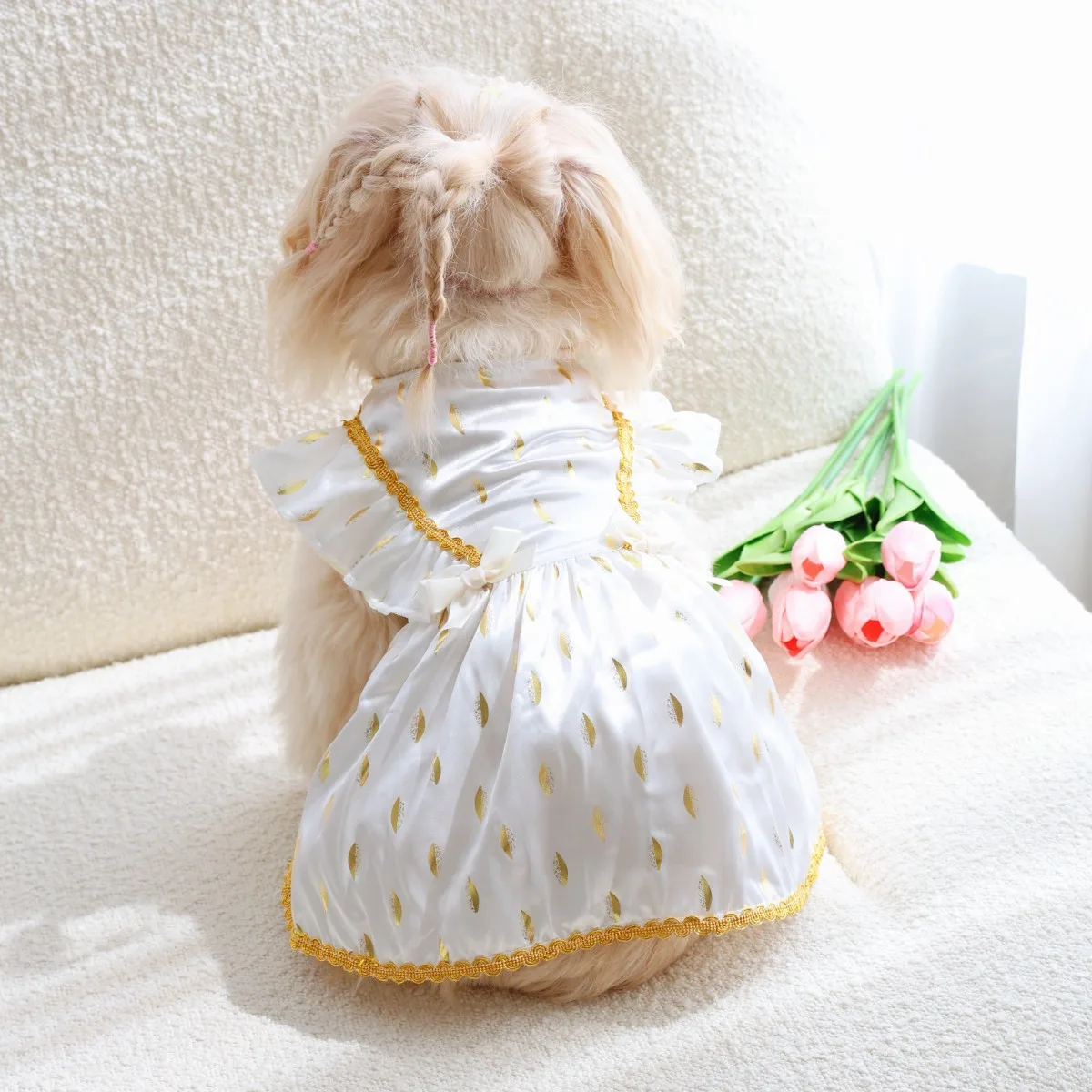 Exotic Style Golden Edge Bowknot Pet Dress Thin Comfort Spring Summer Outfit Universal For Cat Small Dog Puppy Kitten Costume