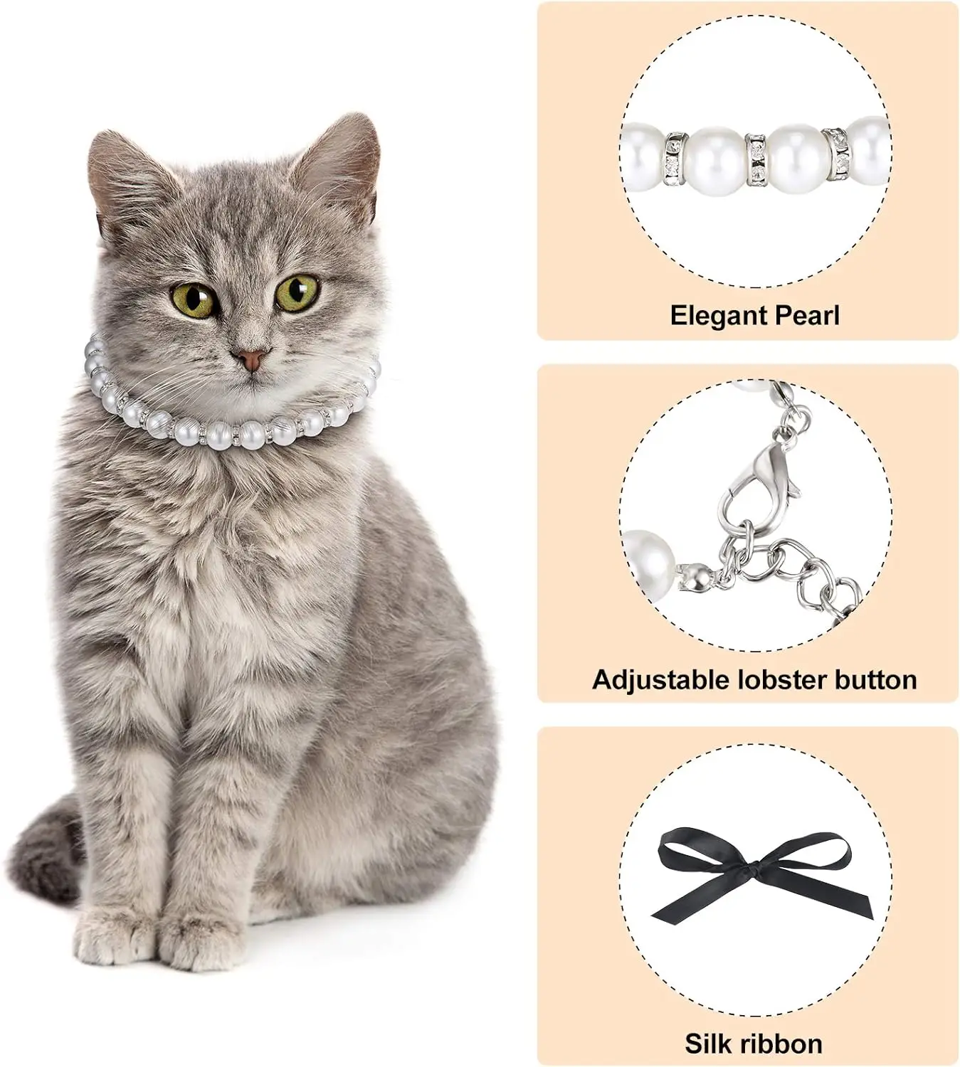 TONG Simulated Pearl Beaded Cat Collar Cute Charms Adjustable Pet Necklace Bowknot Ribbon Decor Dog Accessories Princess Collars