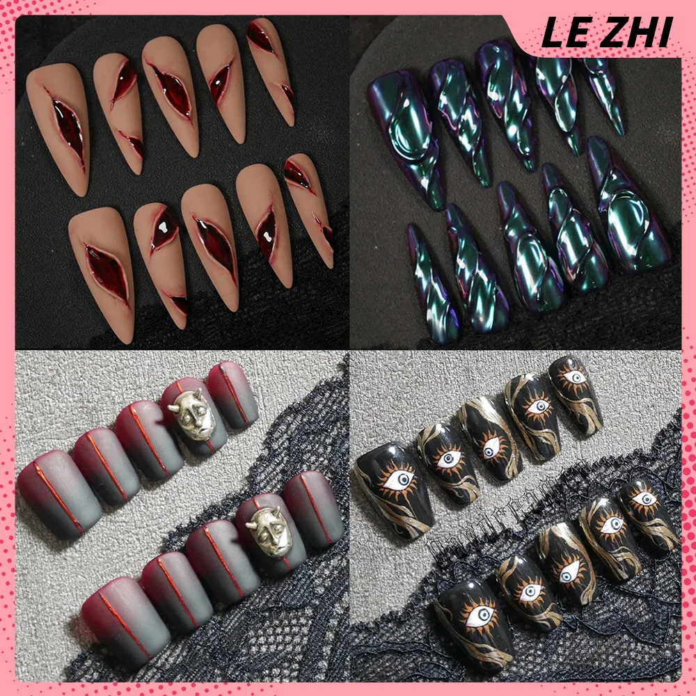 10Pcs Dark Punk Style Handmade Coffin Stiletto Press On Nails Spider Eyes Magic Mirror Powder Diamond Cat Eyes Bowknot Fake Nail