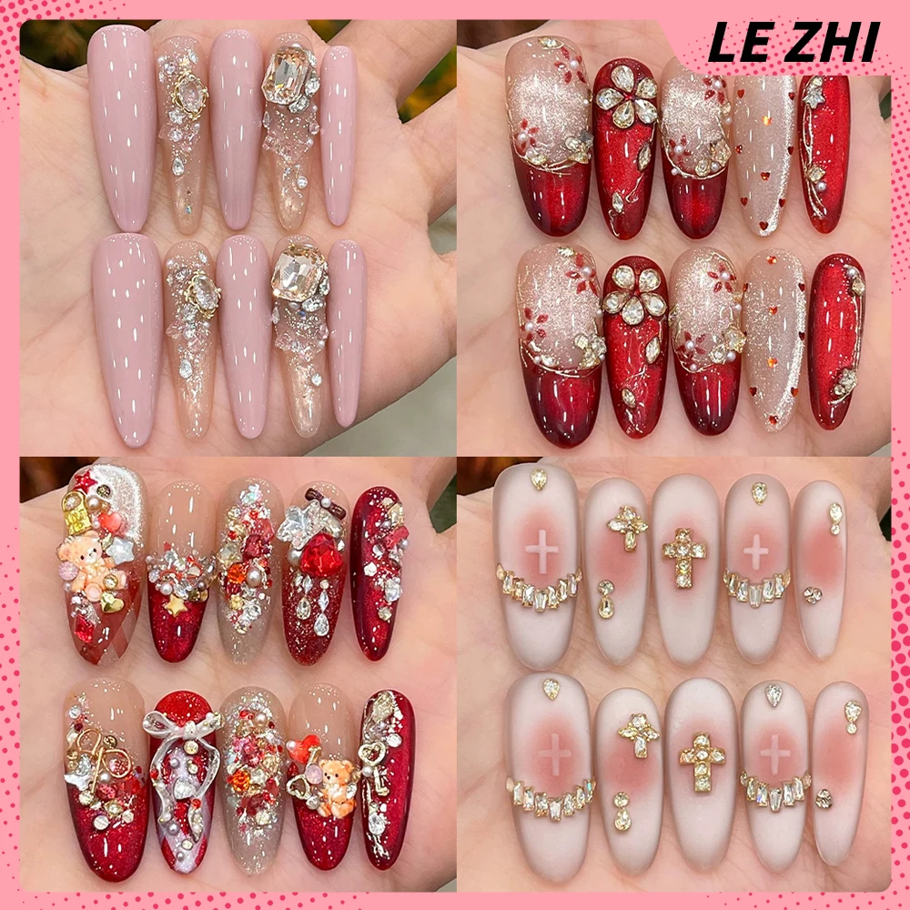 Beautiful Flashing Diamond Short Square Stilettos Handmade Fake Nails Cartoon Bear Cat Eyes Bowknot Pearl Flower Press On Nails