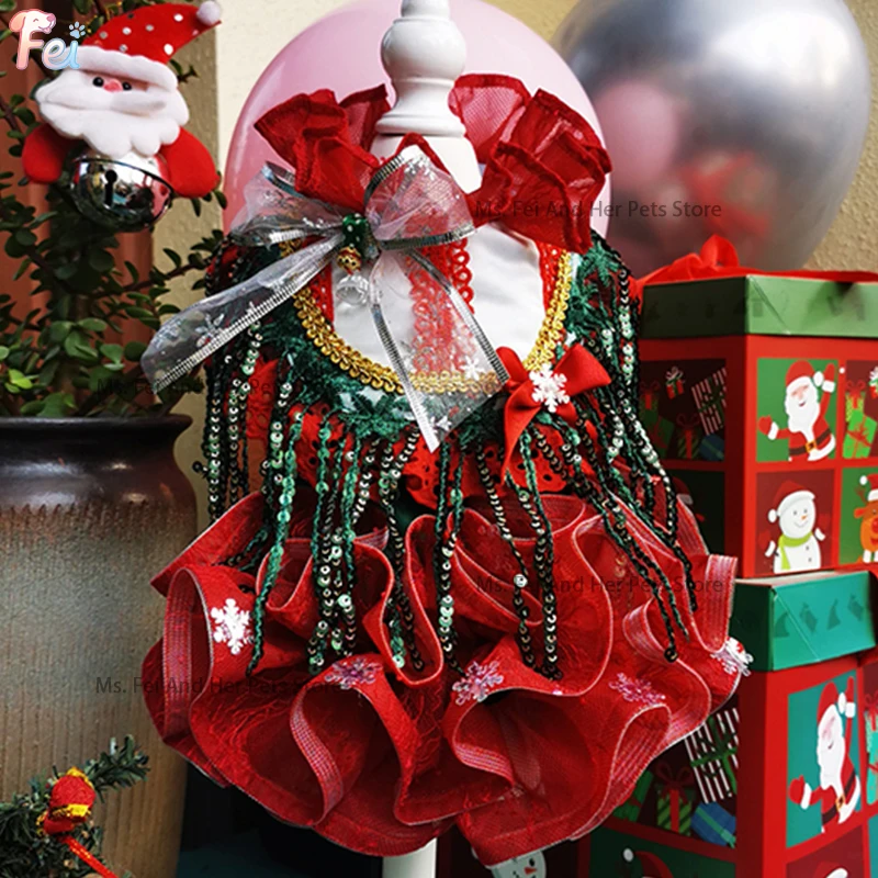 Princess Costume for Small Dogs Luxury Plush Christmas Pet Dog Dress with Fashion Bowknot Elk Detail Puppy Outfits Apparel