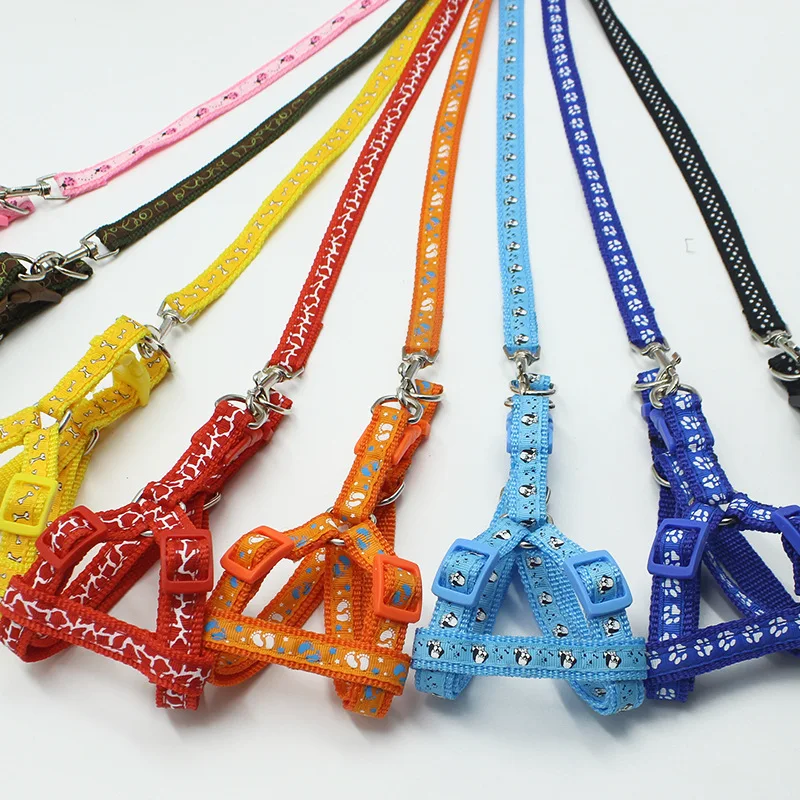 Print Nylon Harness Vest and Leash Set Blue Pink Harnesses Chest Strap Collars For Small Dogs Puppy Outdoor Walking Leash Leads