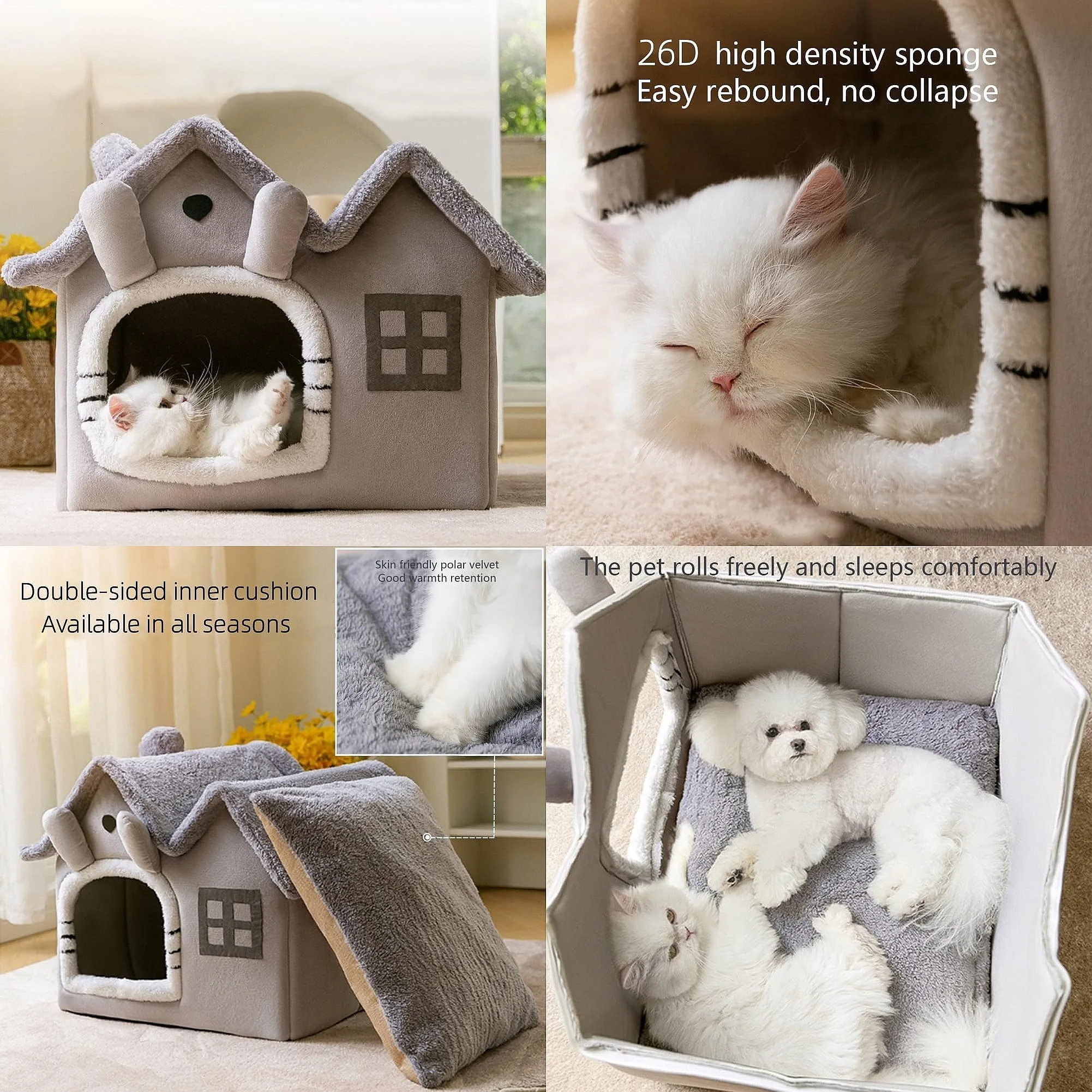 Double Roof Indoor Dog House Cat Nest,Foldable Warm Soft Kennel,30D High Elastic Memory Sponge,Removable Cushion Non-Slip Bottom