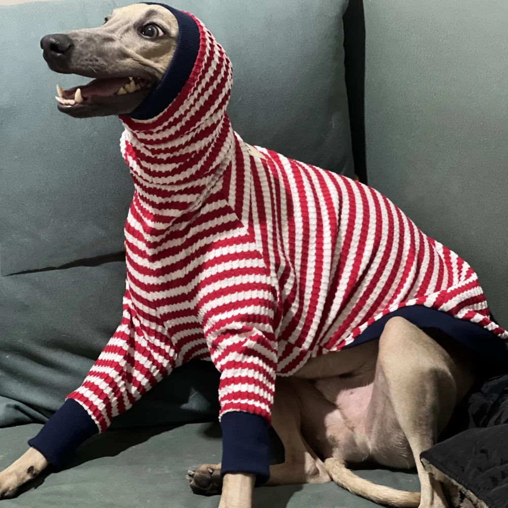 Red Striped High-Neck Spring T-Shirt for Mid Dog Elastic Cotton Long Sleeves Coat for Italy Greyhound Wellington Soft Pajamas