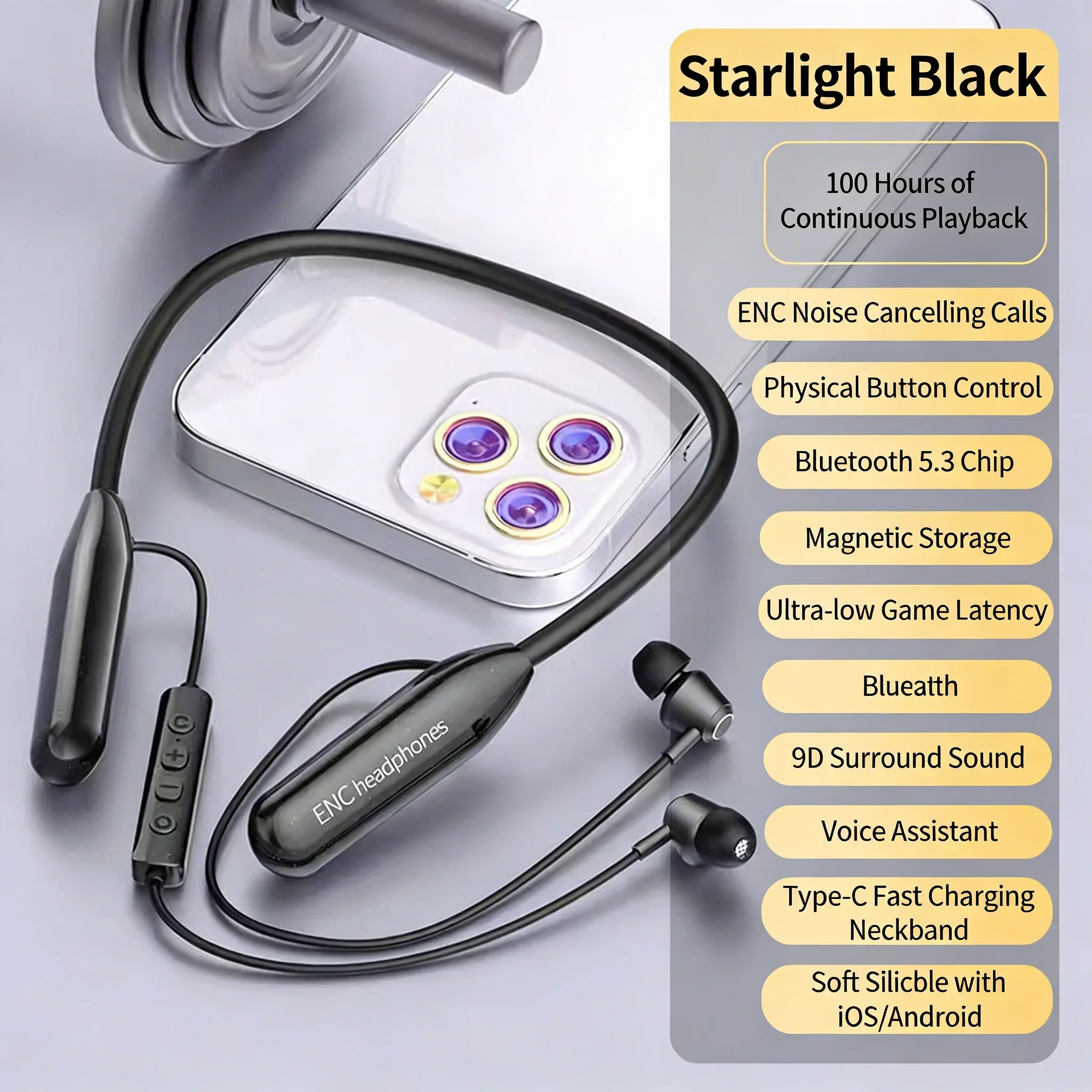 Neckband Wireless Bluetooth Headphones With Mic 100h Battery Life ENC Noise Canceling HIFI Earphones For Sports Outdoors