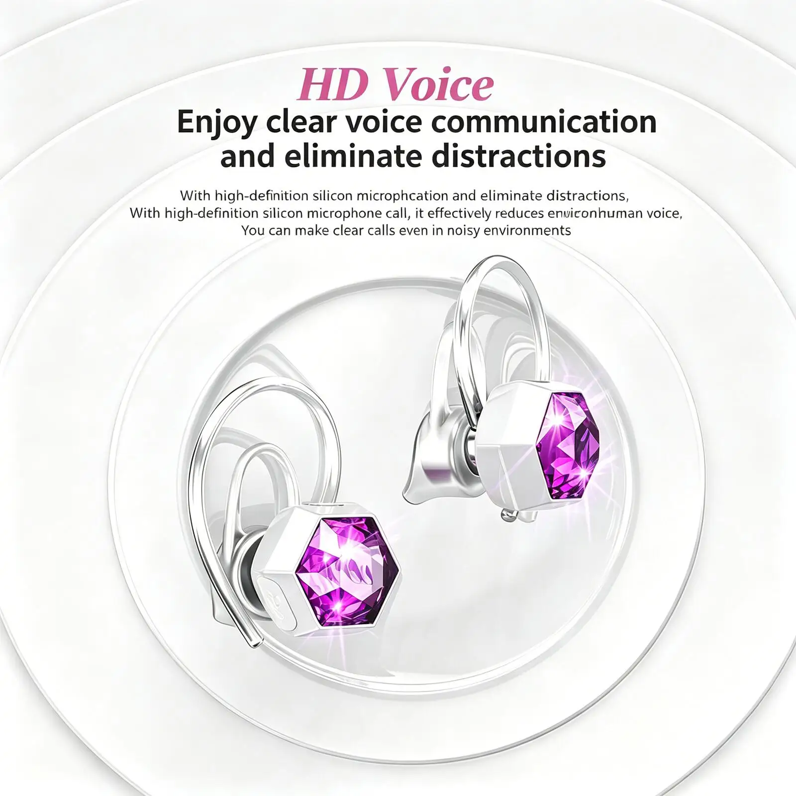 Fashion Diamond Bluetooth Earphones, Wireless Ear Hook Earbud, HiFi Sound, Long Playtime, Noise Cancelling, Ideal Gift for Girls