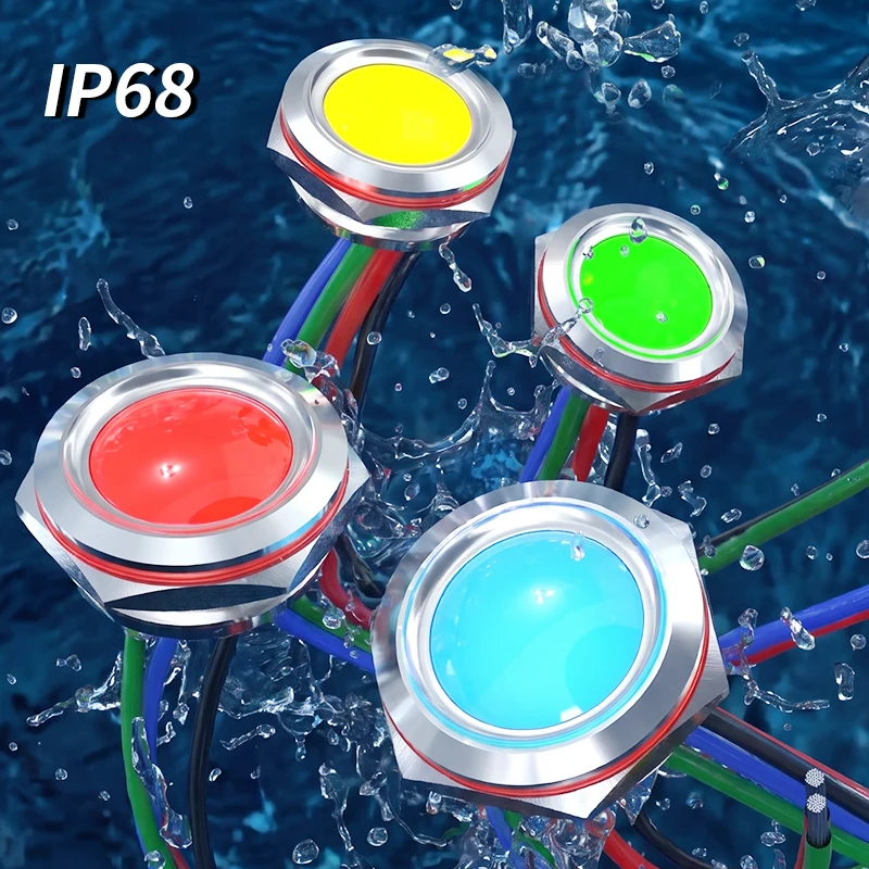 LANBOO Tri-Color LED Indicator Light 16mm/19mm/22mm/25mm Metal Panel Mount IP68 Common Anode Cathode 5-24V