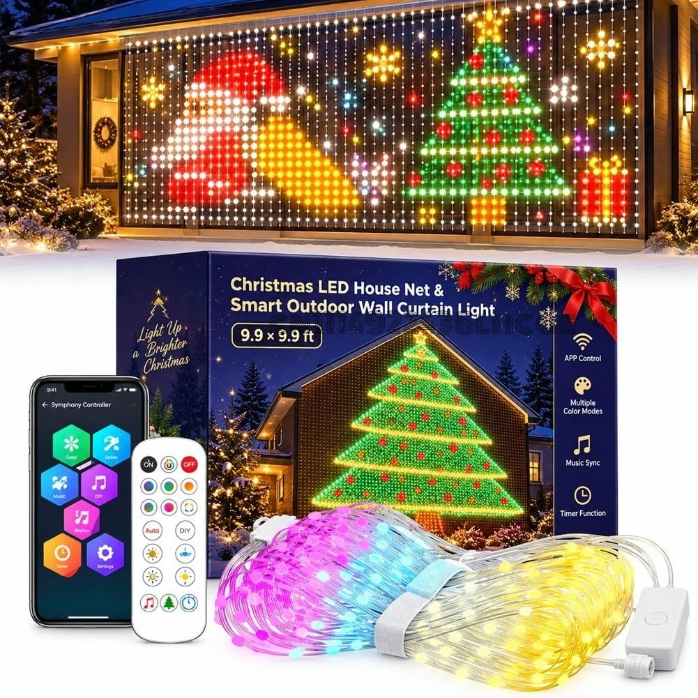 Christmas LED House Net Smart Outdoor Wall Curtain Light RGB String Fairy 400 Lights App Remote Control Color Changing