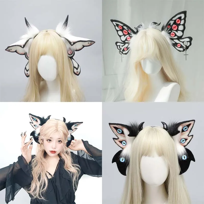 Moth Ears Headband Fursuit Demon Headwear Cosplay Costumes Fantasy Creatures Great Old Ones Cthulhu Evil Eyes Faux Fur Hair Hoop