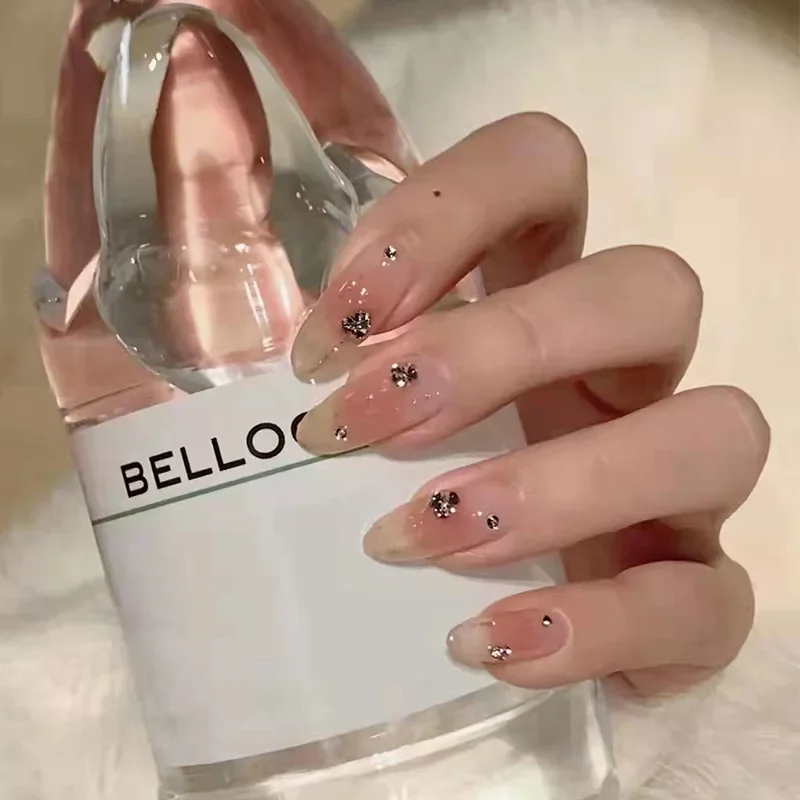 Nail Art Fake Nails Blush Three Diamond Long T Nude Pink Glitter Wearing Reusable False Nails Ballerina Press on Nail Art Set