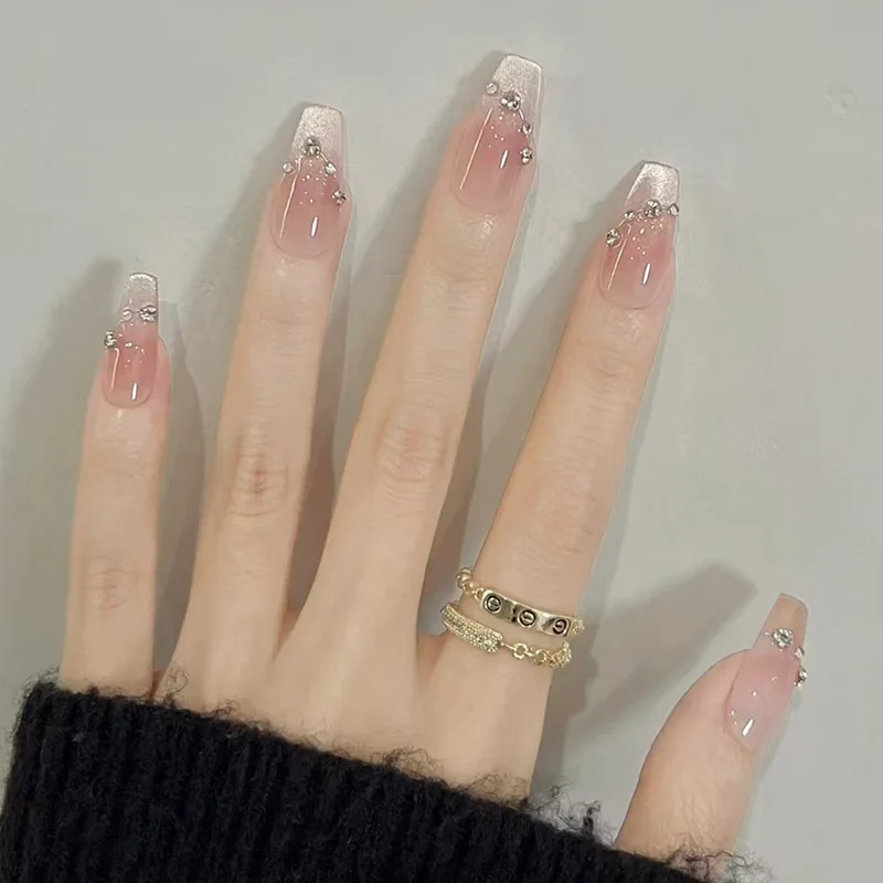 24pcs Blush Coffin Fake Nails Tips Rhinestone Design Stick on Press on Nails Sets Girls Cat's Eye Mid-length Ballet False Nail
